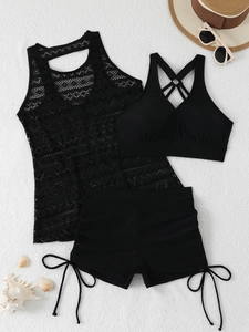 Flachbild des schwarzen 3-teiligen Tankini-Sets mit Spitzenüberzug und Bikini-Oberteil