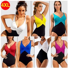 Detail of plus size 4XL swimwear featuring cross twist front and contrast color panel