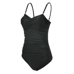 Detail of black one-piece swimsuit with V-neck cross design and ruched tummy control