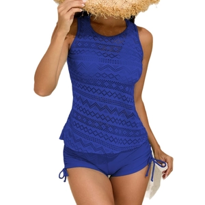 Blauer zweiteiliger Tankini-Set mit Häkelspitze-Top und Badeshorts für Damen