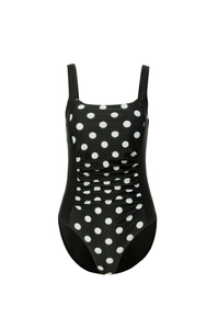 Detail of square neck one piece swimsuit with white polka dots and slimming waist ruching