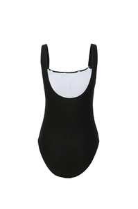 Detail view of the deep U-shaped back design and wide straps of the black one-piece swimsuit