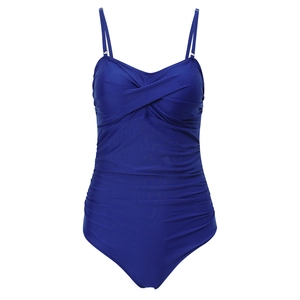 Detail view of sapphire blue one piece swimsuit with ruched tummy control and V-neckline