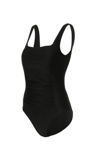 Detailed view of black ruched swimsuit with square neckline and slimming side folds