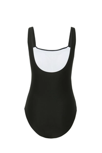 Deep U-back design of high-elastic black one-piece swimsuit with wide shoulder straps