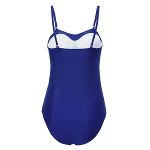 Rear view of dark blue one-piece swimsuit featuring adjustable thin shoulder straps