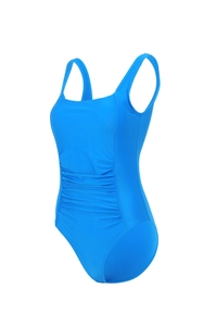 Detail of blue plus size swimsuit featuring tummy control ruched fabric and wide straps