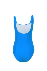 Rear view of royal blue one-piece swimsuit featuring a deep U-shaped back design