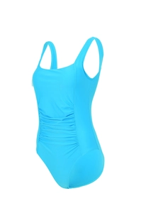 Detail view of light blue one-piece swimsuit with wide straps and ruched tummy control