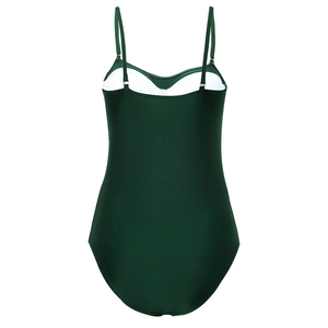 Detailed front view of dark green one-piece swimsuit with spaghetti straps and U-shaped back