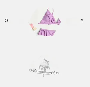 Close-up of a purple bikini set featuring ruffled trim and a halter neck design