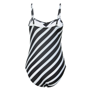 Detailed flat lay of black and white diagonal striped one-piece swimsuit with thin straps