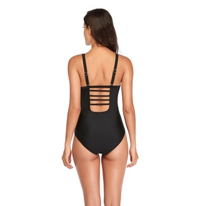 Sexy black one-piece swimsuit featuring a multi-strap open back design and ruched details