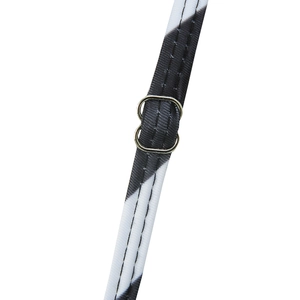 Detail of adjustable shoulder strap with silver metal buckle on zebra print swimwear
