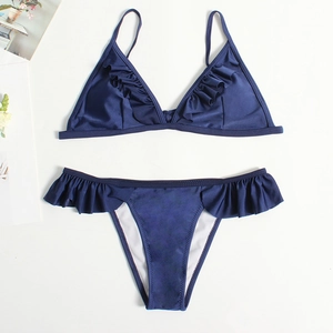 Navy blue ruffled bikini set with halter triangle top and low-waisted swim bottoms