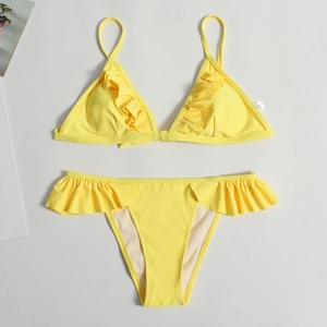 Two-piece yellow bikini set with ruffle trim triangle top and matching bottoms