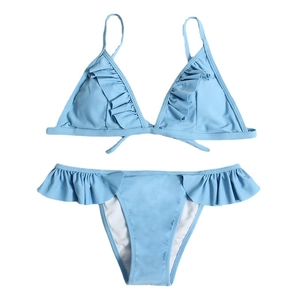 Two-piece light blue bikini with ruffled triangle top and matching bottoms on white background