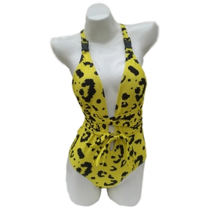 Detail of yellow leopard print one-piece swimsuit with V-neck and front waist tie