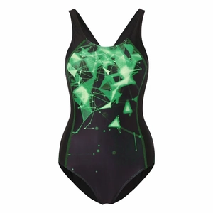 Detail of athletic one-piece swimsuit featuring green geometric tech pattern on black