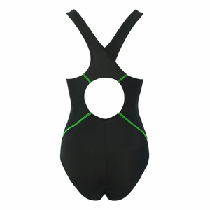 Racerback detail of a black one-piece swimsuit with vibrant neon green contrast stitching