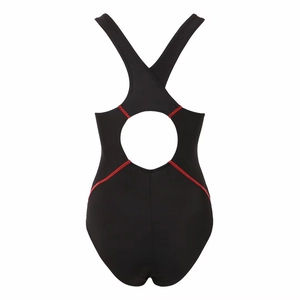 Detail of professional racerback swimsuit with red flatlock stitching on black fabric