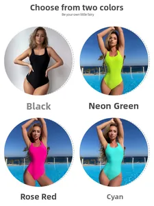 Detail view of high-leg cut one-piece swimsuits in black, neon green, rose and teal