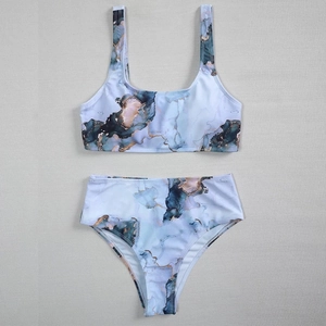 Close-up of marble pattern two-piece bikini with high-waisted bottom and vest top
