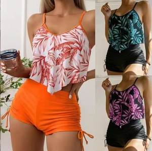 Nylon Polyester Women Tropical Leaf Print Tankini Swimsuit Ruffle Hem Top And High Waisted Drawstring Shorts Bathing Suit