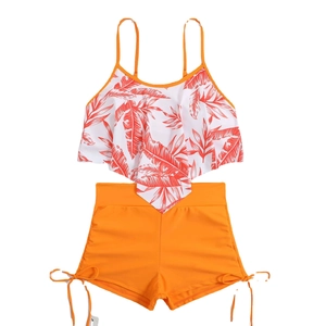 Two-piece ruffled bikini for girls with palm leaf print top and orange high-waisted bottom