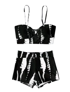 Two-piece black and white tie-dye bikini set with drawstring top and high waisted shorts
