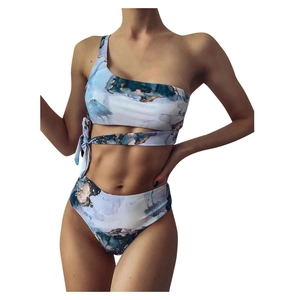 Sexy one-shoulder tie-side bikini set with marble tie-dye print and high waist bottom