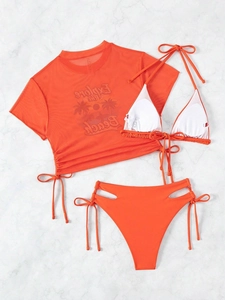 Close-up of bright orange three-piece bikini set with sheer mesh t-shirt and side-tie detailing