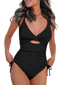 Detail of black ribbed one-piece swimsuit featuring a V-neck knot and side drawstring
