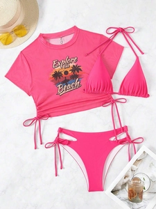 Detail of rose pink three-piece bikini set with short sleeve mesh top and high waist bottom