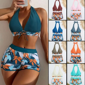 Women Halter Bikini Top And Boyshorts High Waist Tropical Leaf Print Bathing Suit Beachwear Swimsuit For Summer Vacation