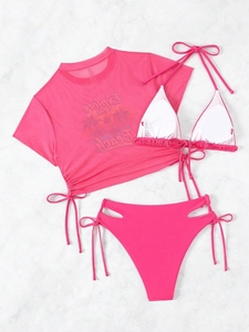 Bright pink three-piece bikini set with sheer mesh cover-up and high-waist lace-up bottoms