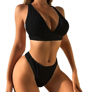 Sexy black ribbed pleated two-piece high waisted bikini swimsuit for women pool party