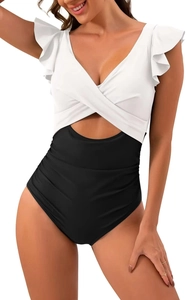Detail of white ruffled V-neck and black high-waisted ruched one-piece swimsuit design