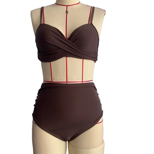 Women high waisted brown two-piece bikini set with crisscross wrap top and modest bottom