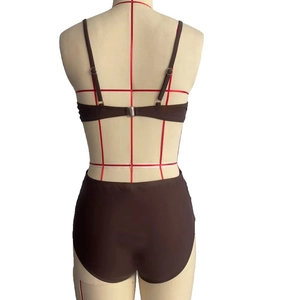 Back view of brown high-waisted bikini set with metal buckle and thin straps