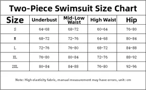 Detailed size guide for high waist bikini showing underbust and hip measurements in centimeters