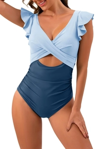 Detail of color-block swimsuit with V-neck, ruffle sleeves and ruched tummy control design