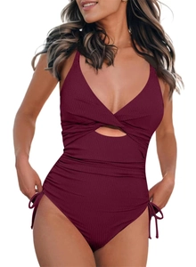 One-piece ribbed burgundy swimsuit with front twist knot and side drawstring details