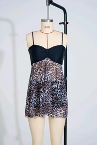 Detail view of high waist leopard print mesh tankini top with adjustable black straps
