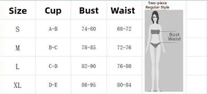 Detailed sizing chart for women's three-piece bikini set showing bust and waist measurements