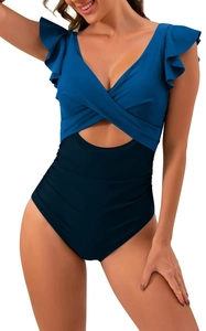 Detail view of v-neck one-piece swimsuit with ruffle straps and side waist cut-out