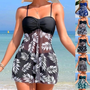 Women High Waisted Tankini Top And Bottom Mesh Botanical Floral Printed Swimsuit Boy Shorts Padded Swimwear Vacation Beachwear