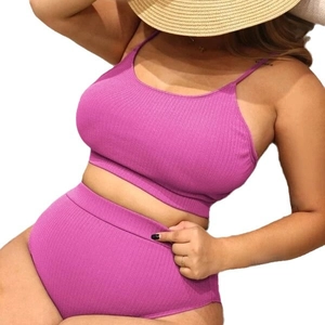 Plus size two-piece ribbed bikini set in deep pink with high waisted bottom and camisole top