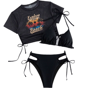 Three-piece black bikini set with mesh t-shirt featuring tropical beach graphic print