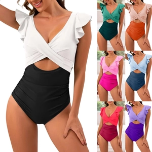 Women Sexy V-Neck Ruffle Sleeve Patchwork Cutout High Waisted Ruched Tummy Control Bathing Suit Slimming Backless Swimsuit